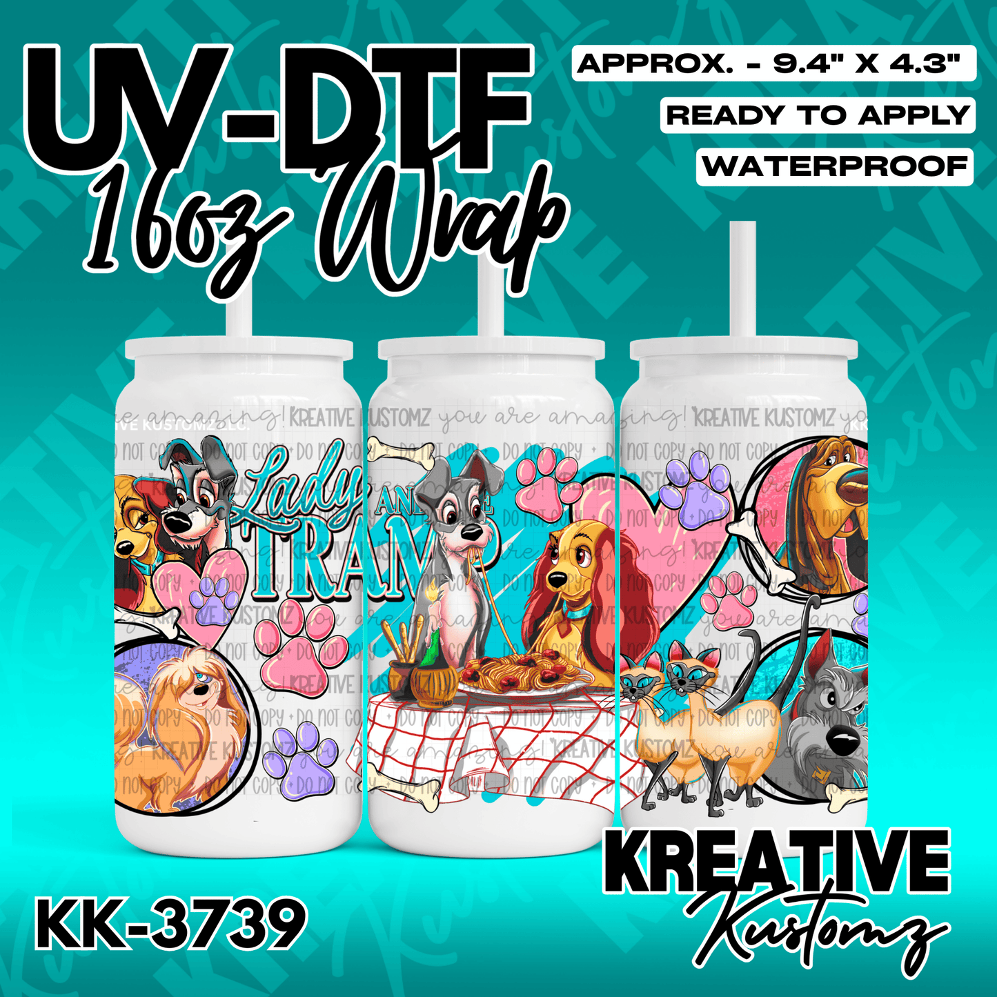A Lady and the Tramp themed adhesive wrap for a 16 ounce glass can.