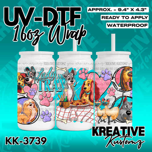 A Lady and the Tramp themed adhesive wrap for a 16 ounce glass can.