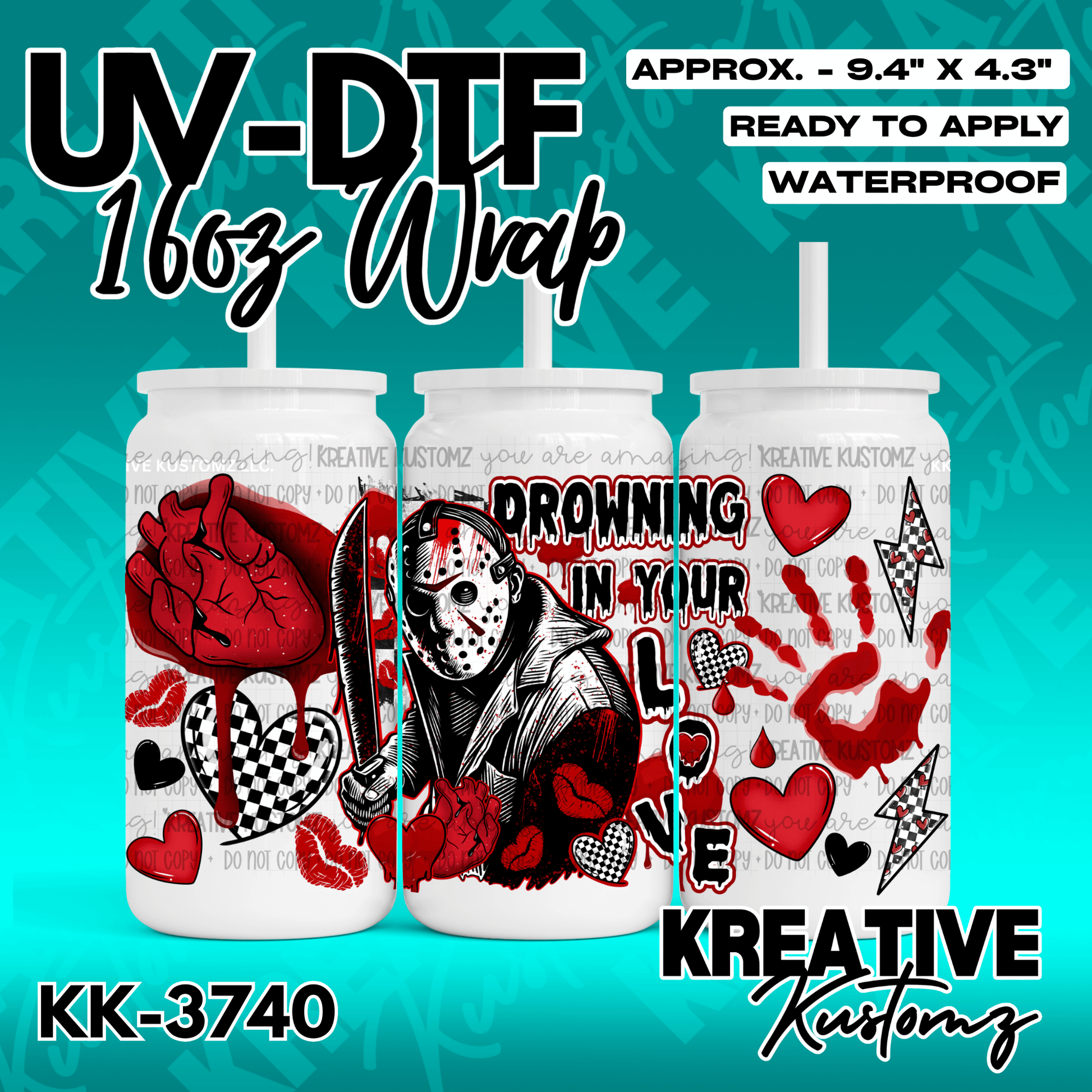 A horror-themed UV DTF cup wrap featuring a hockey mask character, hearts, and blood splatters.