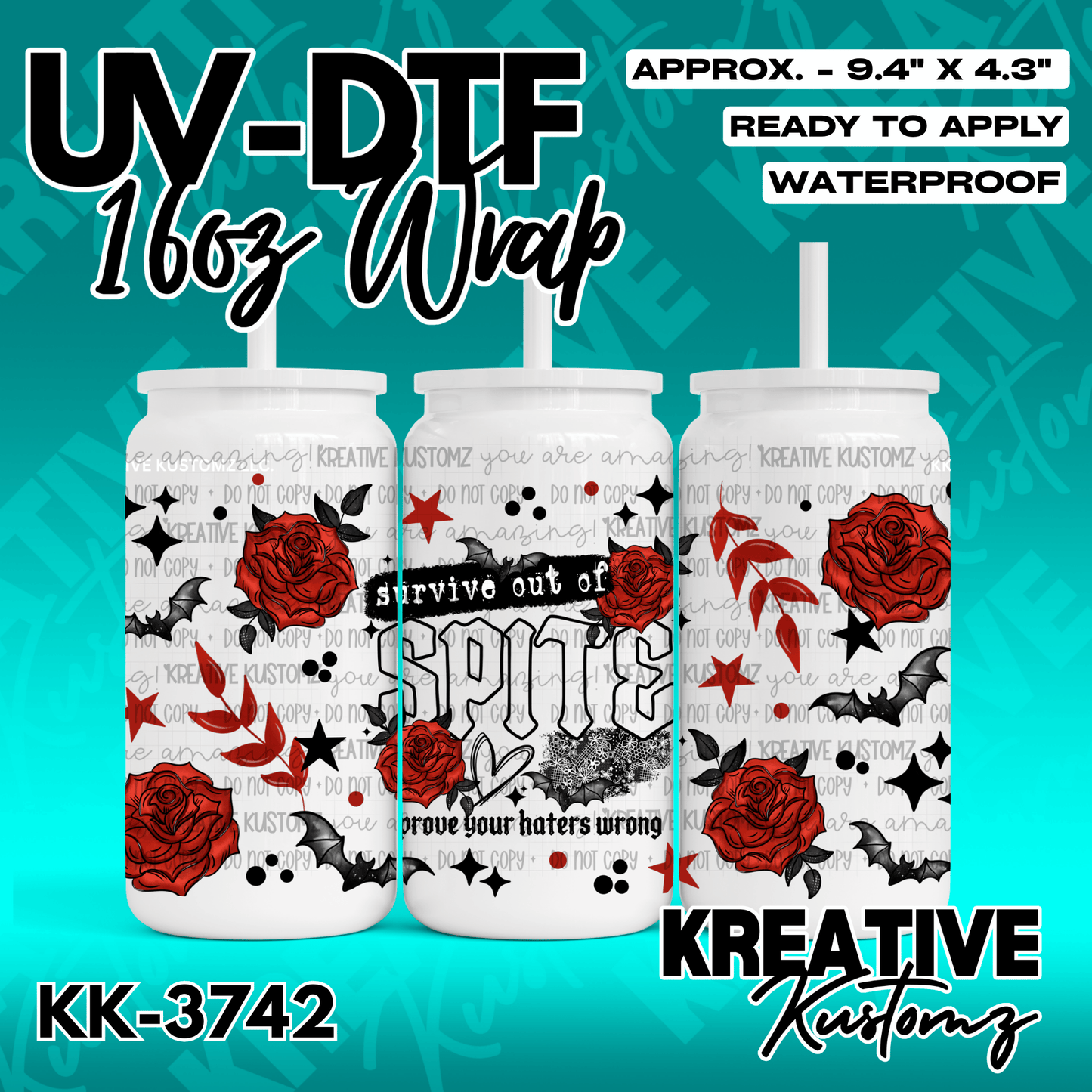 A UV DTF adhesive wrap for 16oz glass cans featuring red roses, bats, and text on a white background.