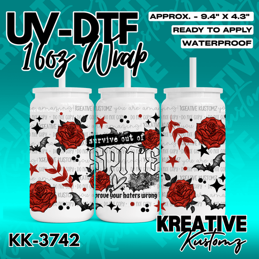 A UV DTF adhesive wrap for 16oz glass cans featuring red roses, bats, and text on a white background.