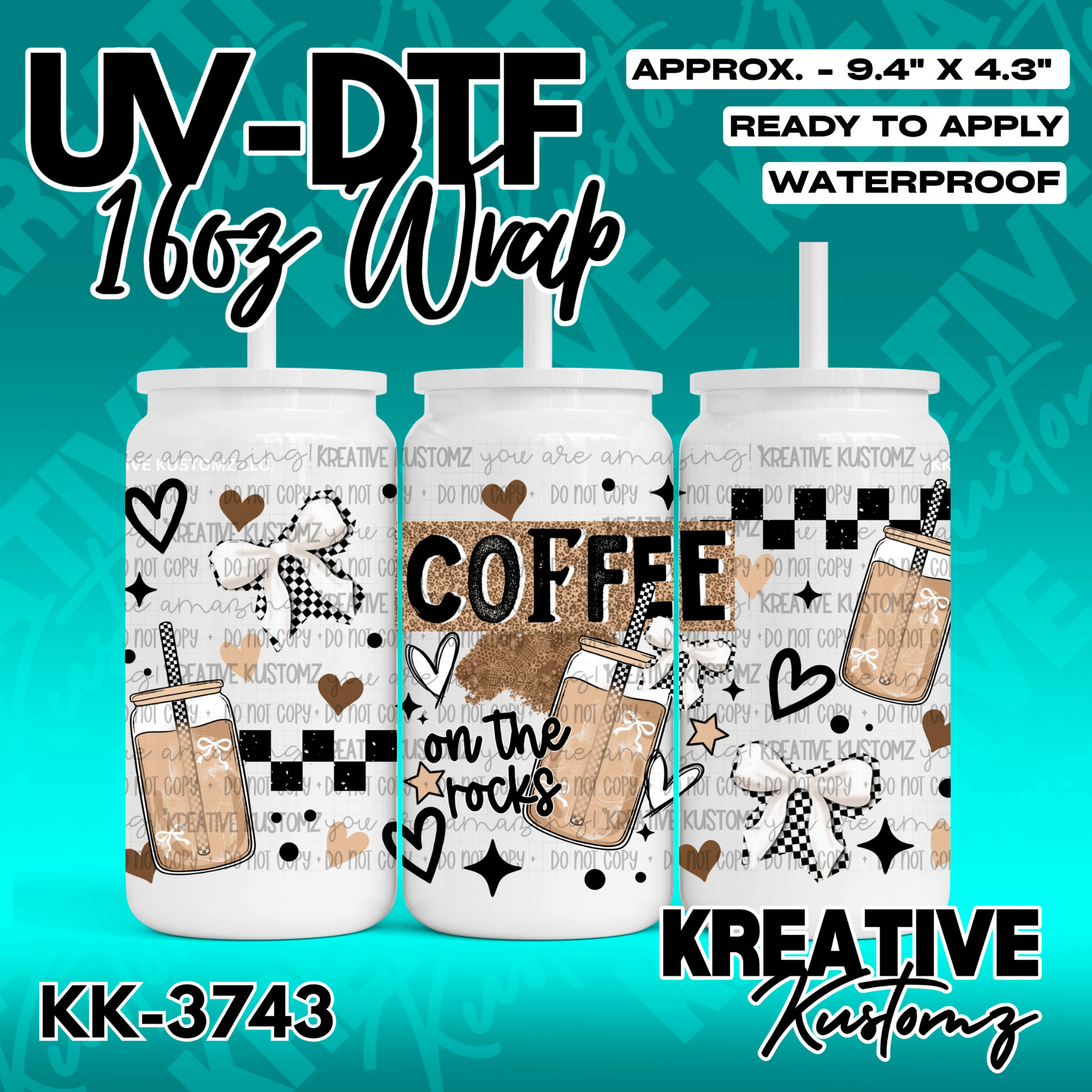 A coffee-themed UV DTF adhesive wrap for 16oz glass cans featuring hearts, bows, and checkerboard.
