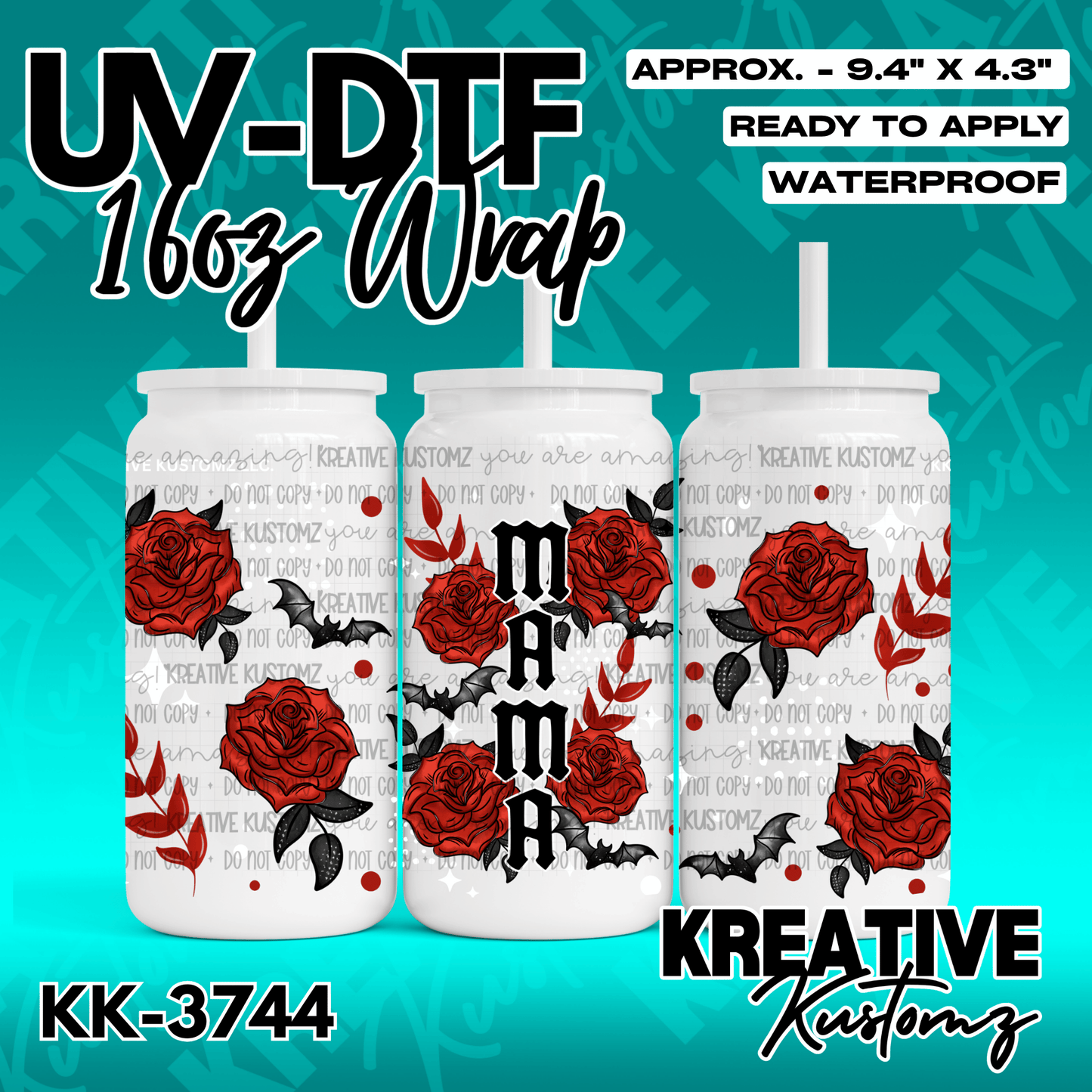 A UV DTF adhesive wrap for 16oz glass cans featuring a red rose and bat design with Mama text.