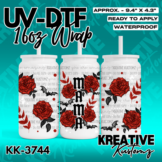 A UV DTF adhesive wrap for 16oz glass cans featuring a red rose and bat design with Mama text.
