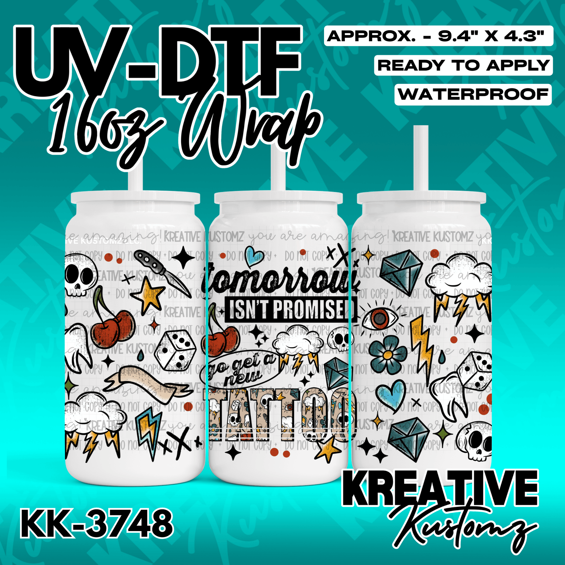 A tattoo-themed UV DTF adhesive wrap for a 16oz glass can featuring various illustrated icons.