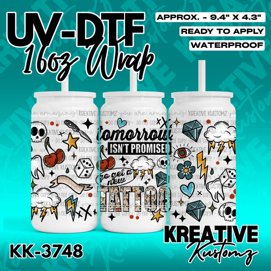A tattoo-themed UV DTF adhesive wrap for a 16oz glass can featuring various illustrated icons.