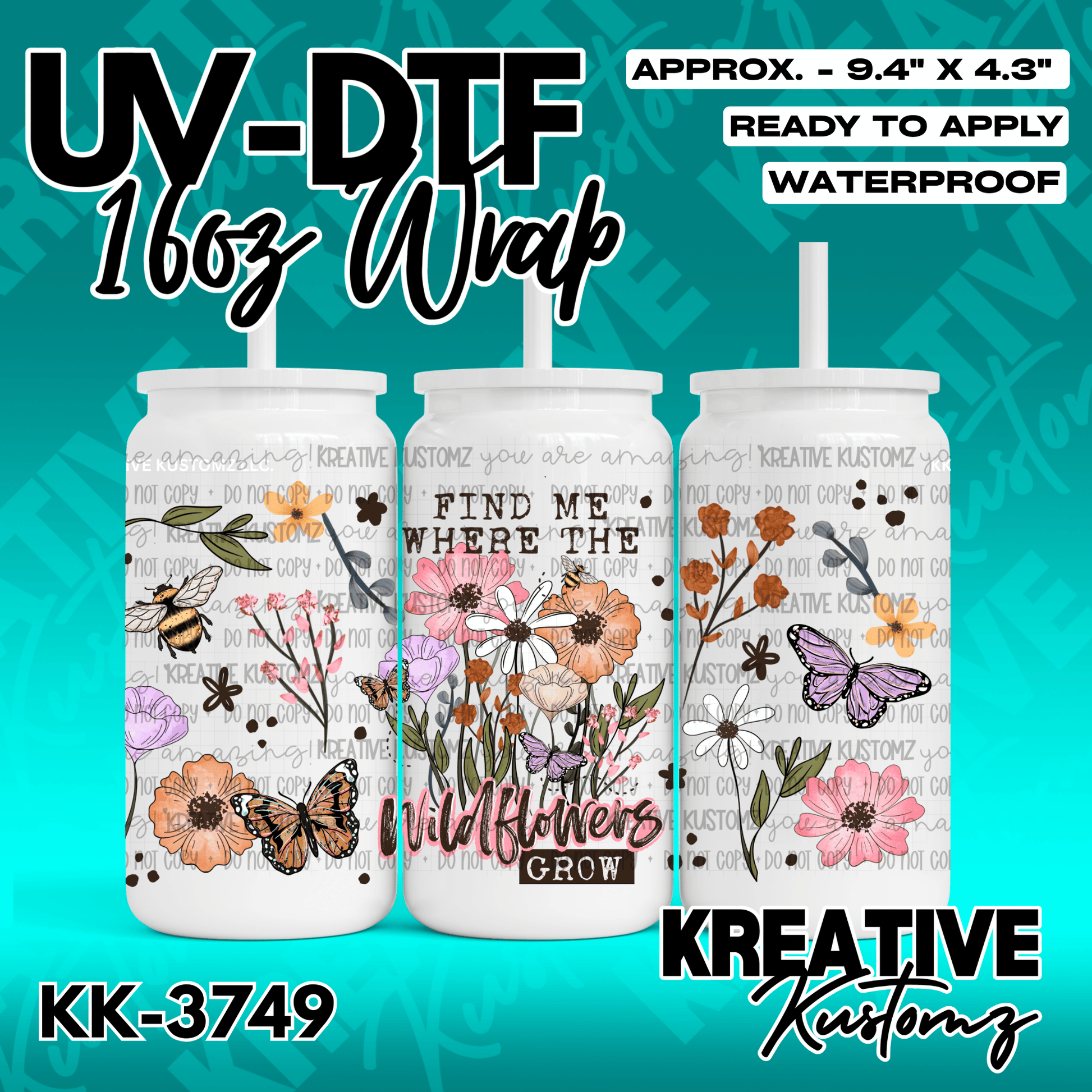 A floral and butterfly themed adhesive wrap for a 16oz glass can.