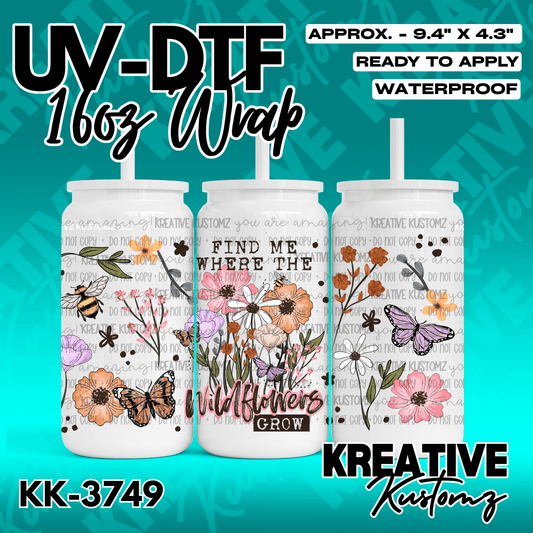 A floral and butterfly themed adhesive wrap for a 16oz glass can.