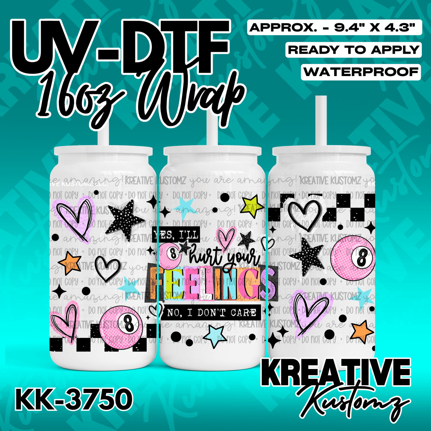 A UV DTF adhesive wrap for 16oz glass cans featuring hearts, stars, and eight-ball graphics.