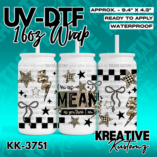 A UV DTF cup wrap featuring a black and gold checkered star, lightning bolt, and bow design.