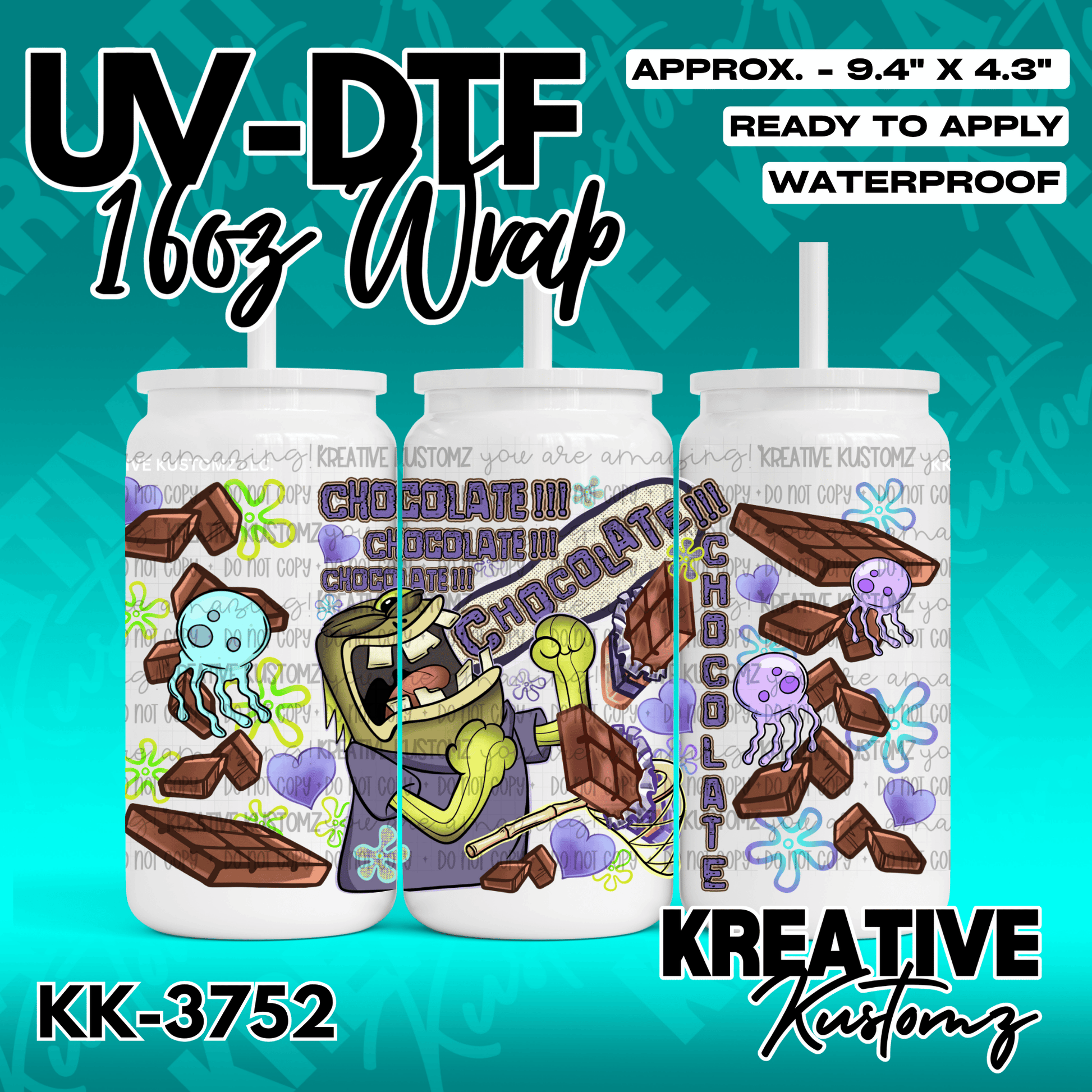 A UV DTF adhesive wrap for a 16oz glass can featuring a SpongeBob chocolate theme.