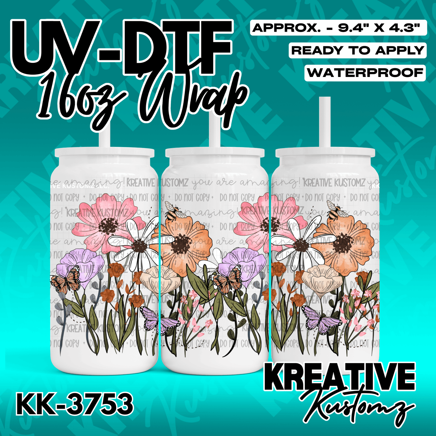 A floral UV DTF adhesive wrap for 16oz glass cans featuring colorful flowers, bees, and butterflies.