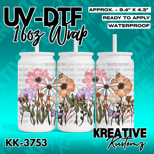 A floral UV DTF adhesive wrap for 16oz glass cans featuring colorful flowers, bees, and butterflies.