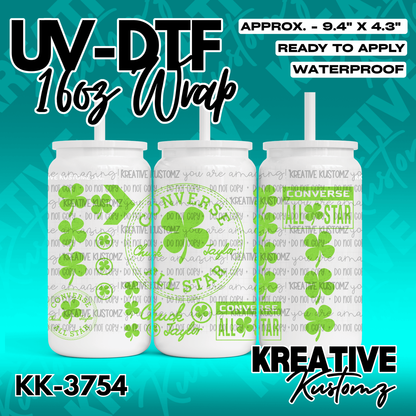 A green clover themed adhesive wrap for a 16 ounce glass can featuring Converse branding.