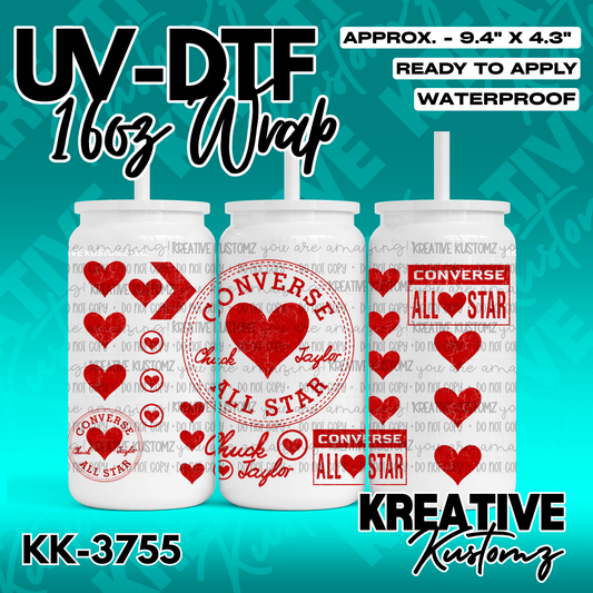 A UV DTF cup wrap featuring red hearts and Converse All Star branding for a 16oz glass can.