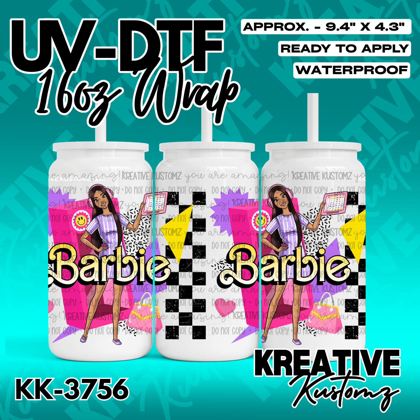 A UV DTF adhesive wrap for a 16oz glass cup featuring a Barbie-themed illustration.