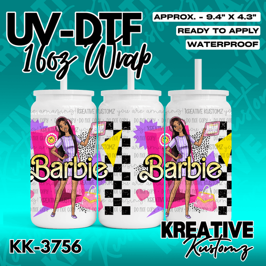 A UV DTF adhesive wrap for a 16oz glass cup featuring a Barbie-themed illustration.