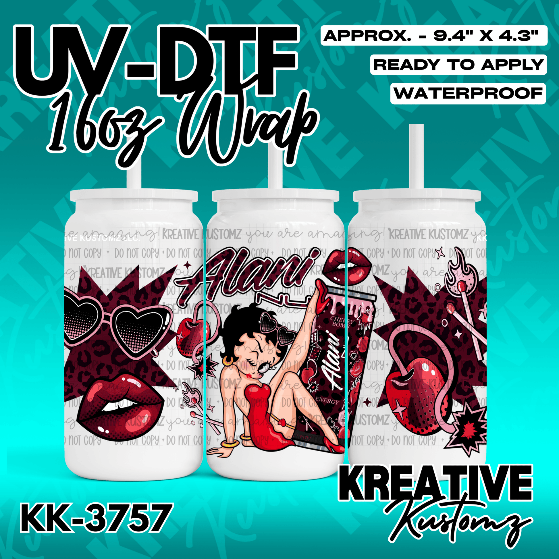 A UV DTF adhesive wrap for 16oz glass cans featuring a Betty Boop and cherry themed design.