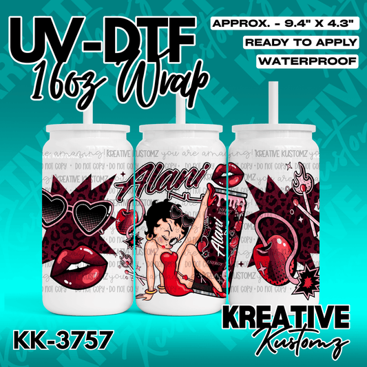 A UV DTF adhesive wrap for 16oz glass cans featuring a Betty Boop and cherry themed design.