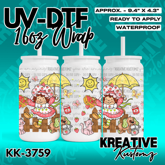 A strawberry-themed UV DTF adhesive wrap for a 16oz glass can featuring a cartoon girl and animals.