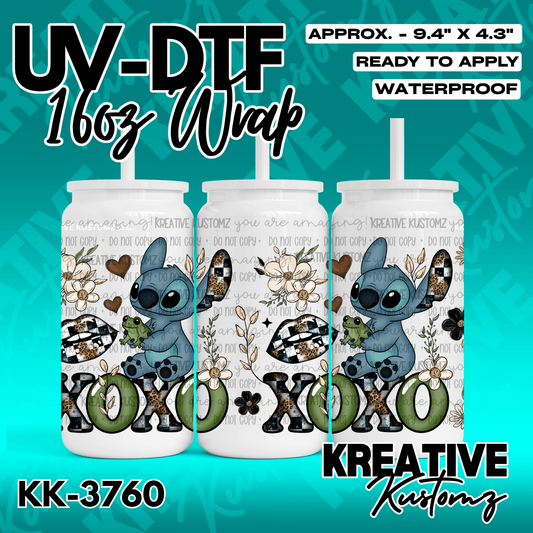A UV DTF cup wrap featuring Stitch, flowers, lips, and the text XOXO on a white background.