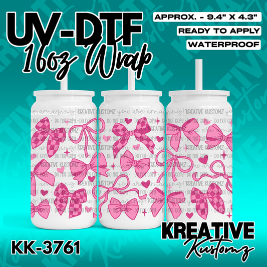 A UV DTF adhesive wrap for 16oz glass cans featuring a pink bow and heart pattern.