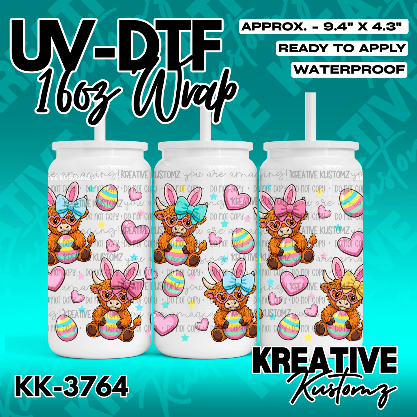 A UV DTF adhesive wrap for 16oz glass cans featuring a pattern of highland cows with Easter eggs.