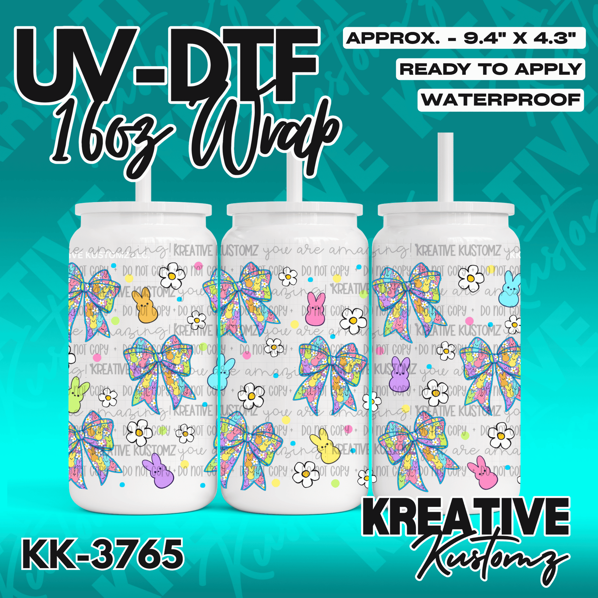 A UV DTF adhesive wrap for 16oz glass cans featuring a pattern of colorful bows, bunnies, and flowers.