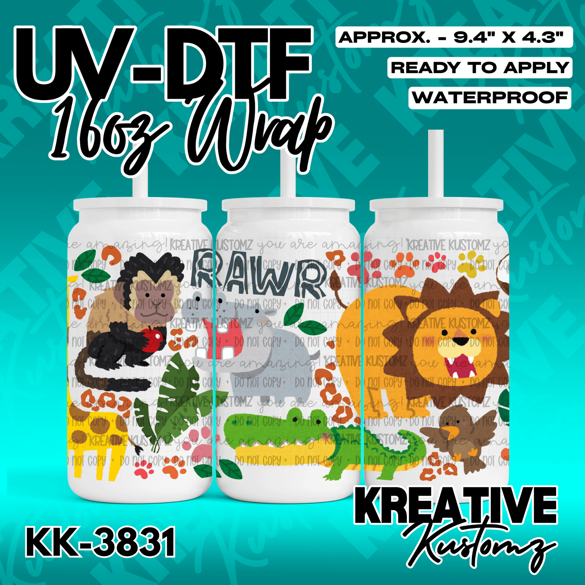 A jungle animal themed UV DTF adhesive wrap for a 16oz glass can cup.