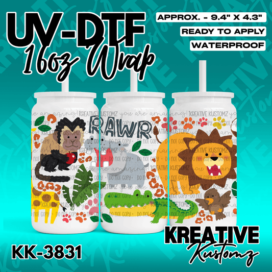 A jungle animal themed UV DTF adhesive wrap for a 16oz glass can cup.