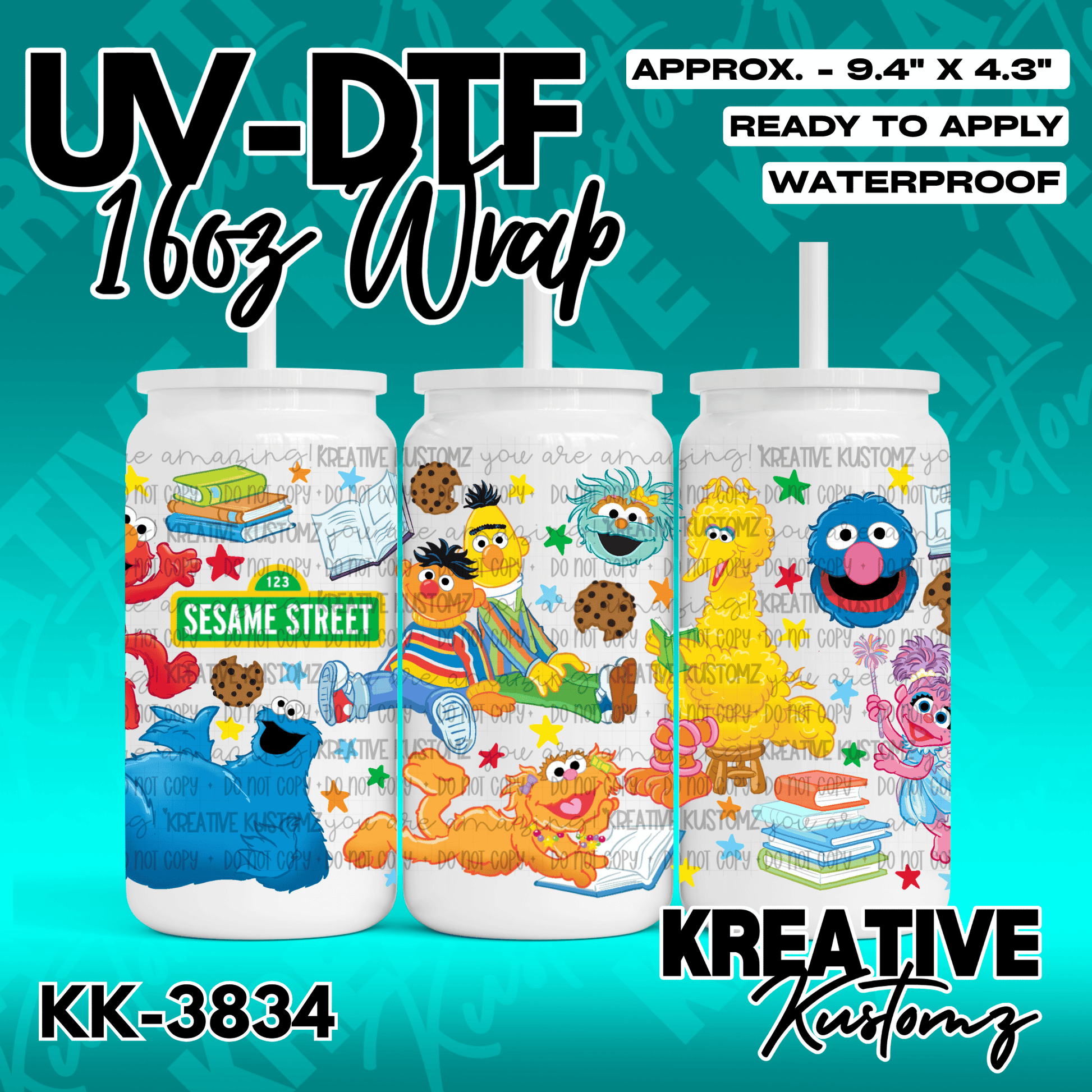 A Sesame Street themed adhesive wrap for a 16oz glass cup featuring various character illustrations.