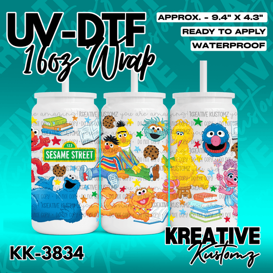 A Sesame Street themed adhesive wrap for a 16oz glass cup featuring various character illustrations.