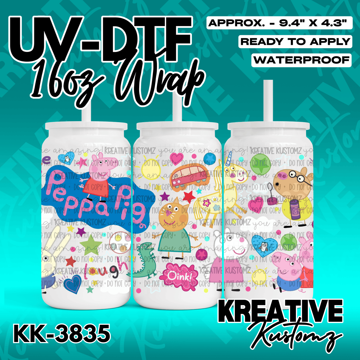 A Peppa Pig themed UV DTF adhesive wrap for a 16oz glass cup featuring colorful cartoon characters.