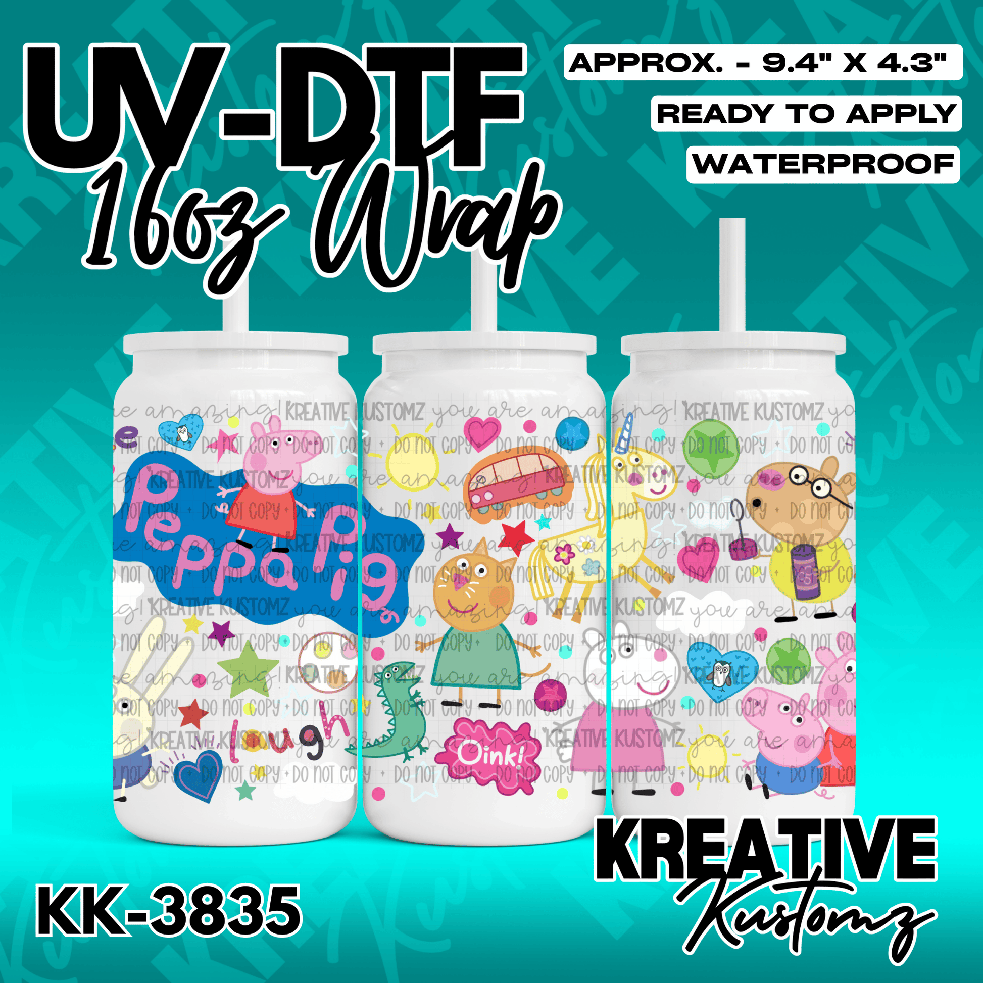 A Peppa Pig themed UV DTF adhesive wrap for a 16oz glass cup featuring colorful cartoon characters.