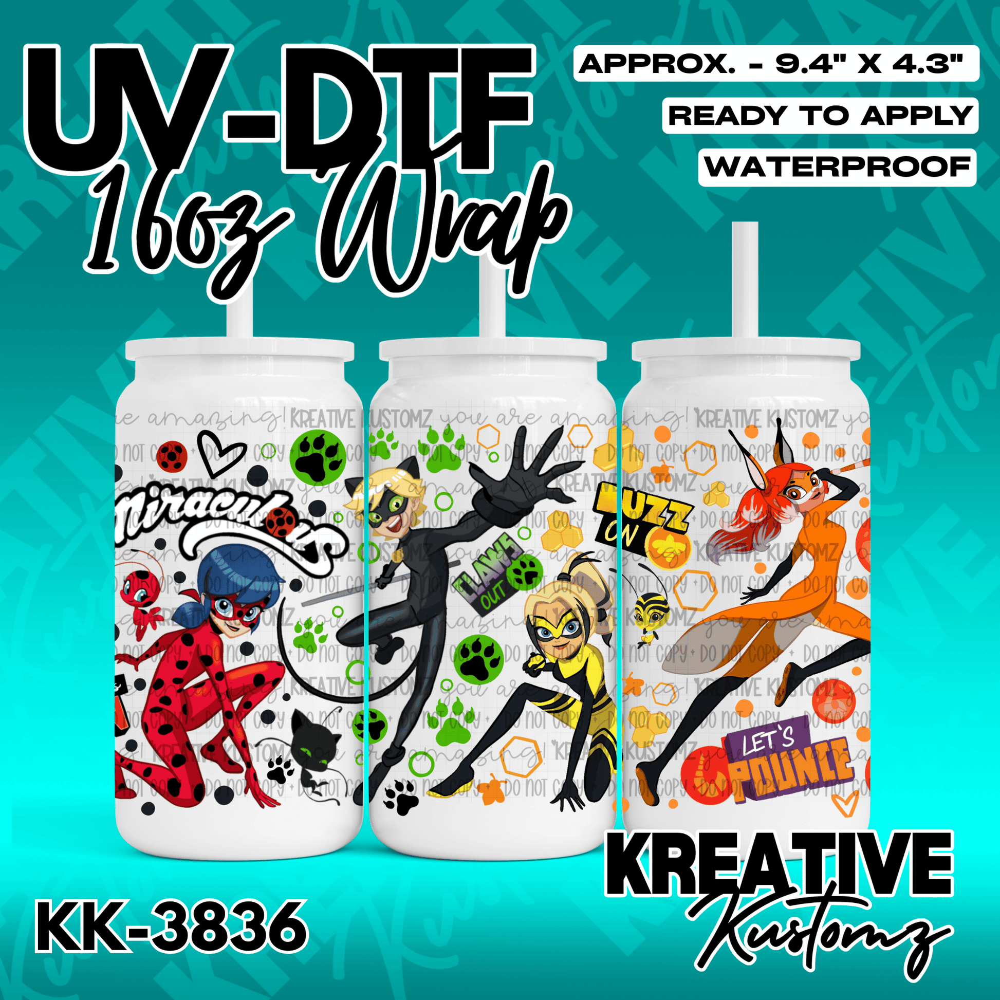 A UV DTF adhesive cup wrap featuring Miraculous Ladybug characters for 16oz glass cans.