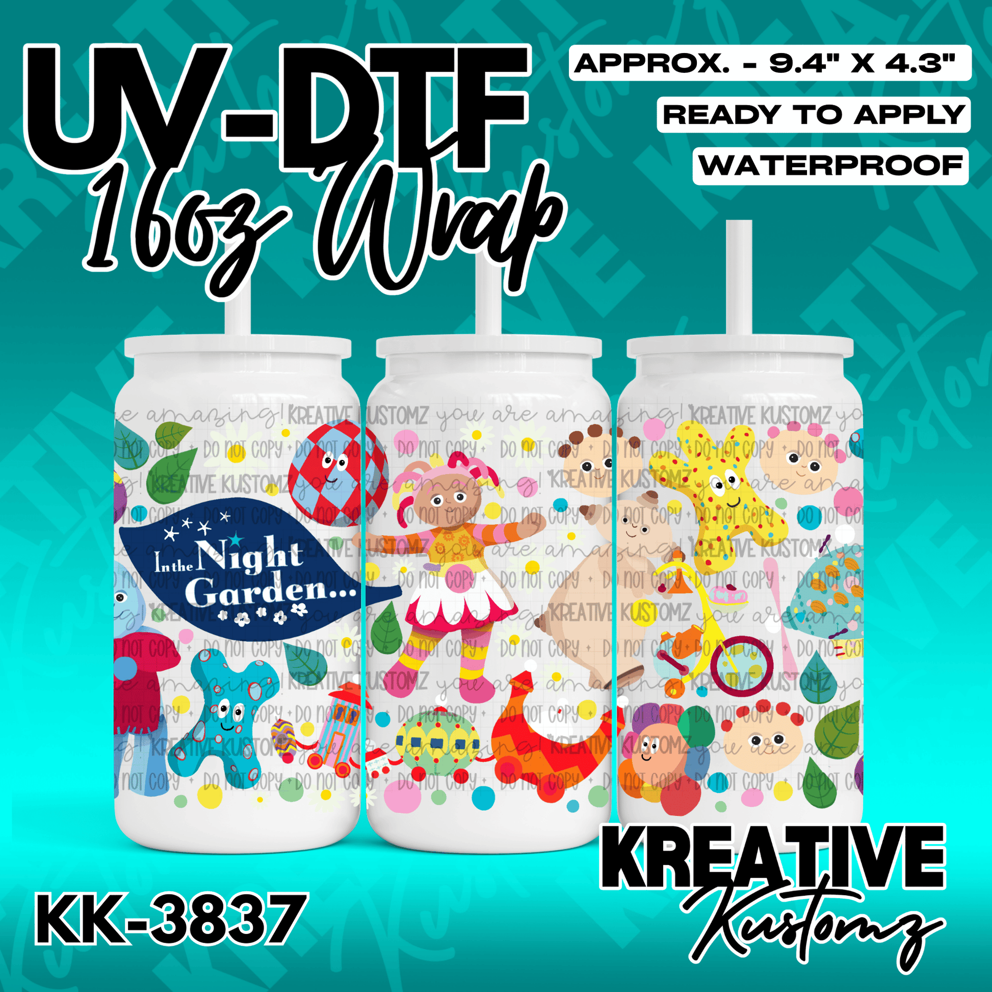 A UV DTF adhesive wrap for a 16oz glass cup featuring colorful In the Night Garden characters.