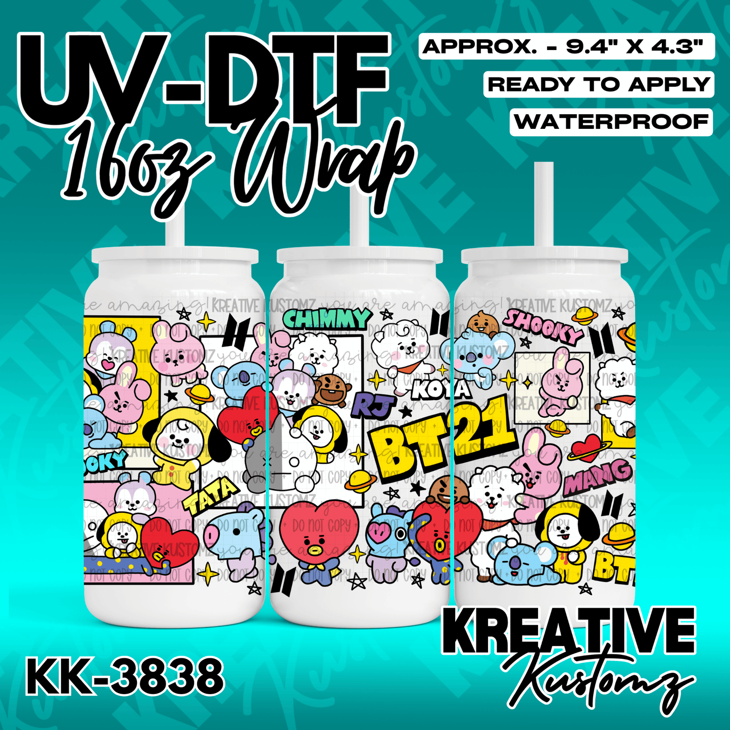 A UV DTF adhesive wrap for a 16oz glass cup featuring a colorful BT21 character collage.