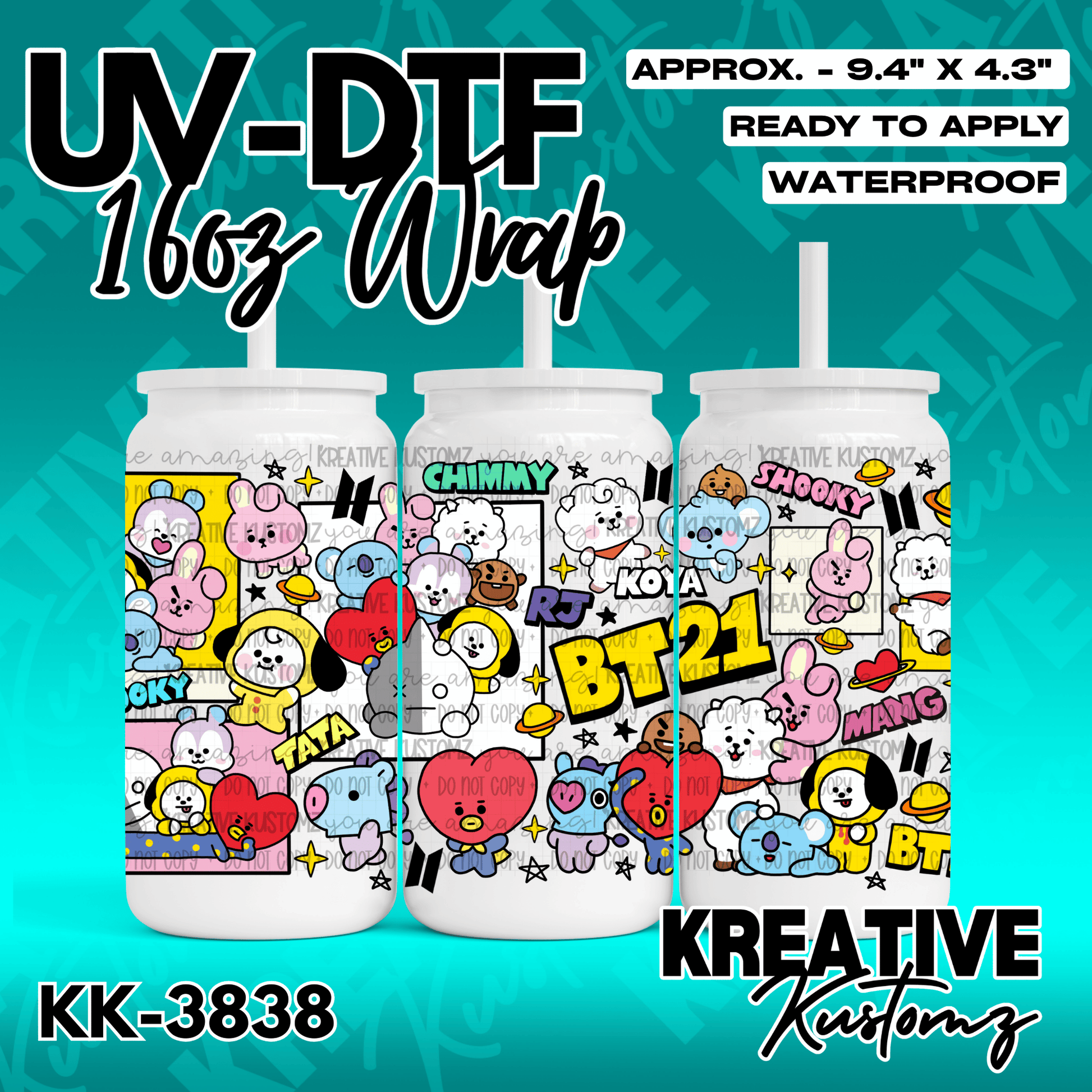A UV DTF adhesive wrap for a 16oz glass cup featuring a colorful BT21 character collage.