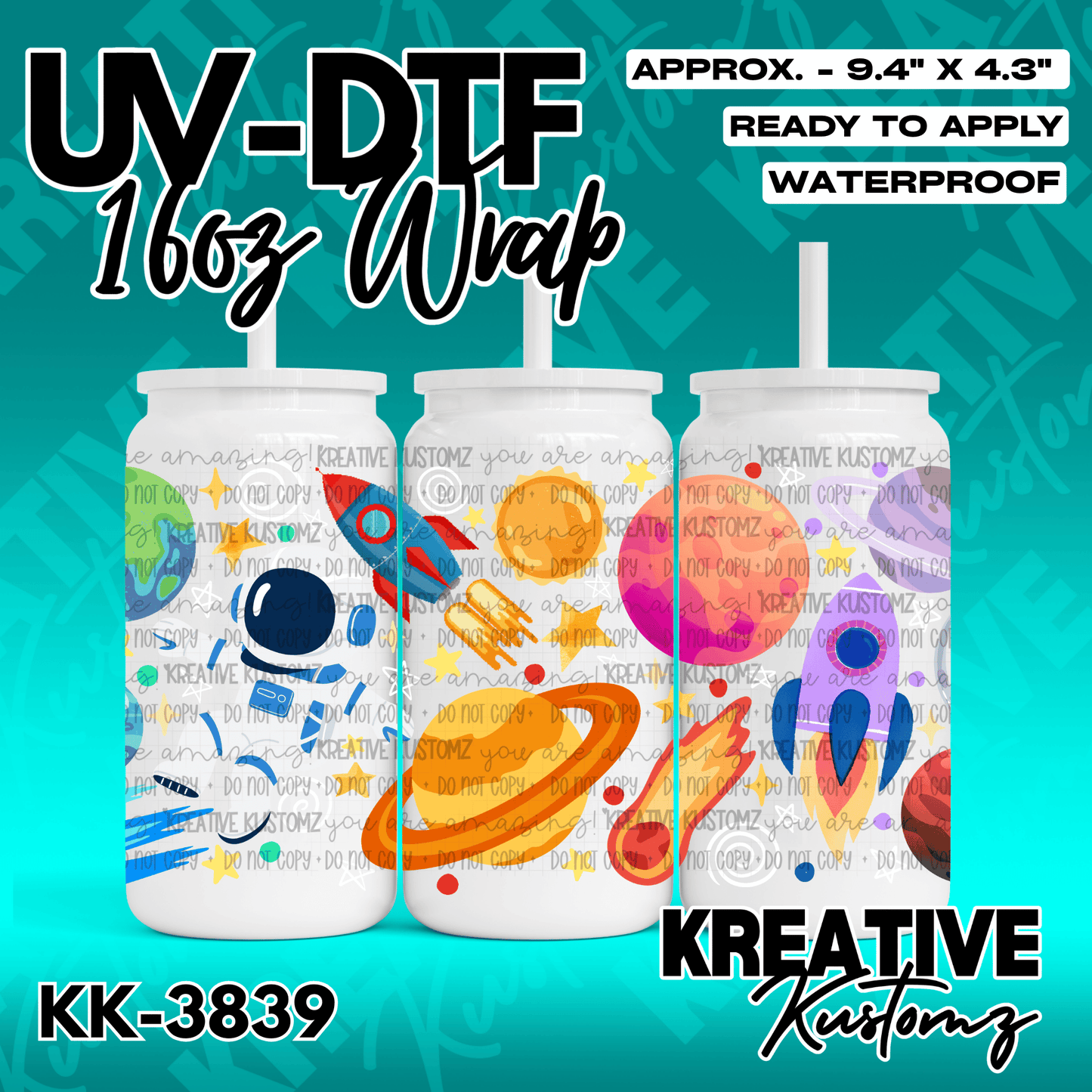 A space-themed UV DTF adhesive wrap for a 16oz glass can featuring planets and rockets.