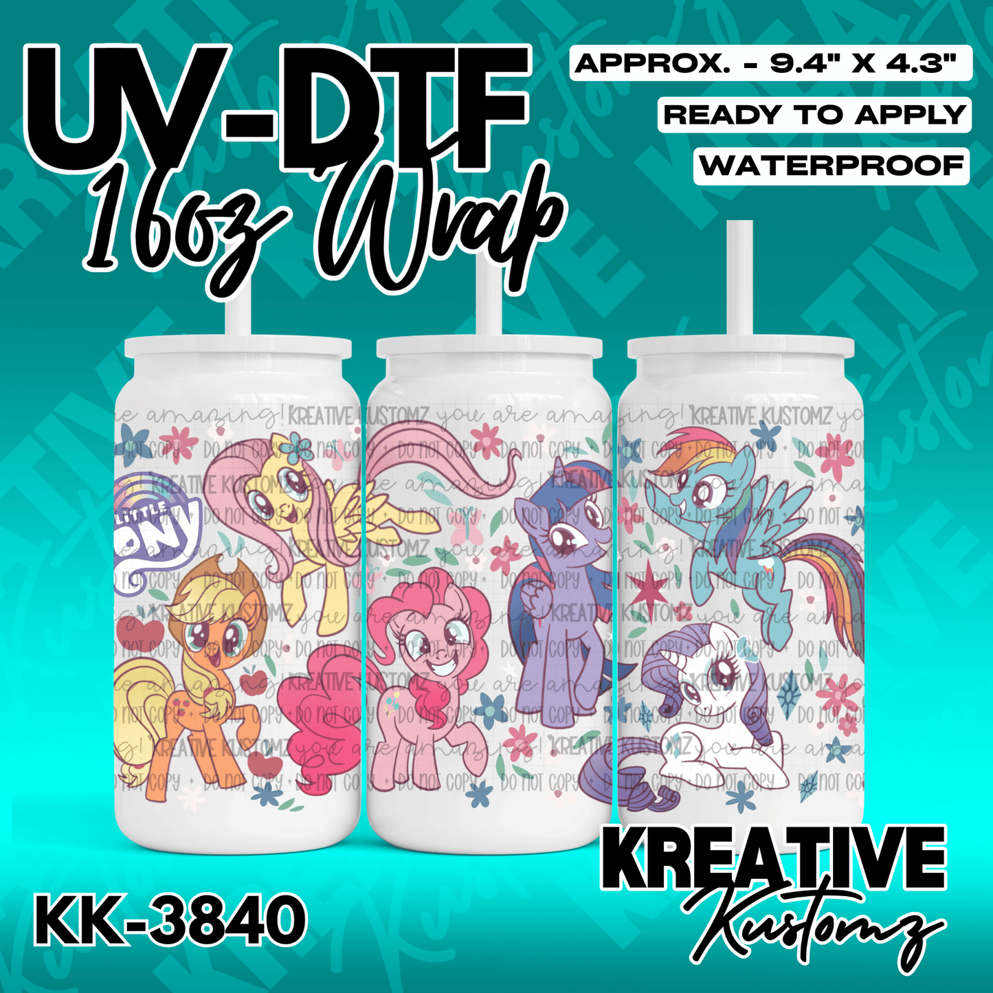A My Little Pony themed adhesive wrap for a 16oz glass can featuring colorful character designs.