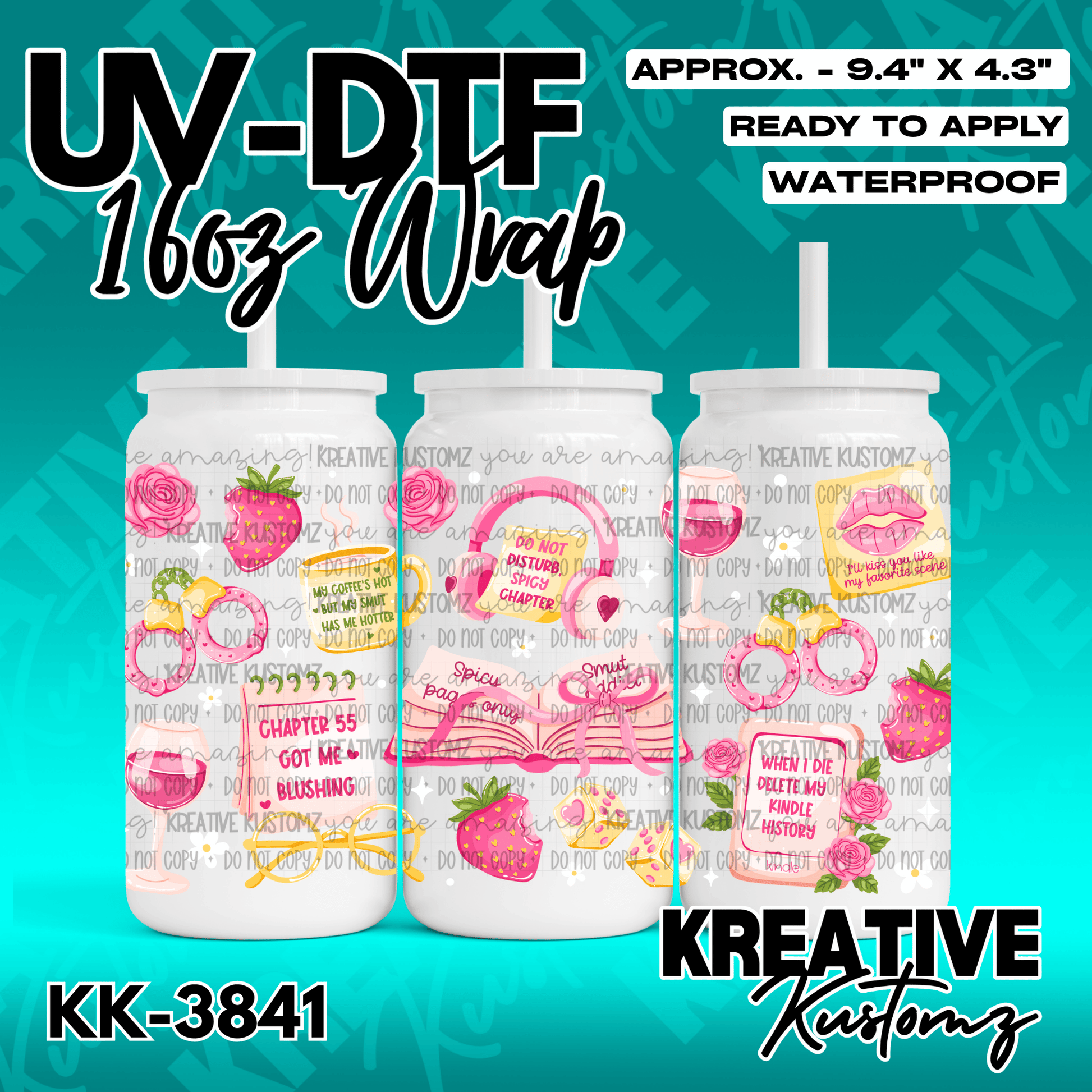 A floral and book-themed UV DTF adhesive wrap for a 16oz glass cup.