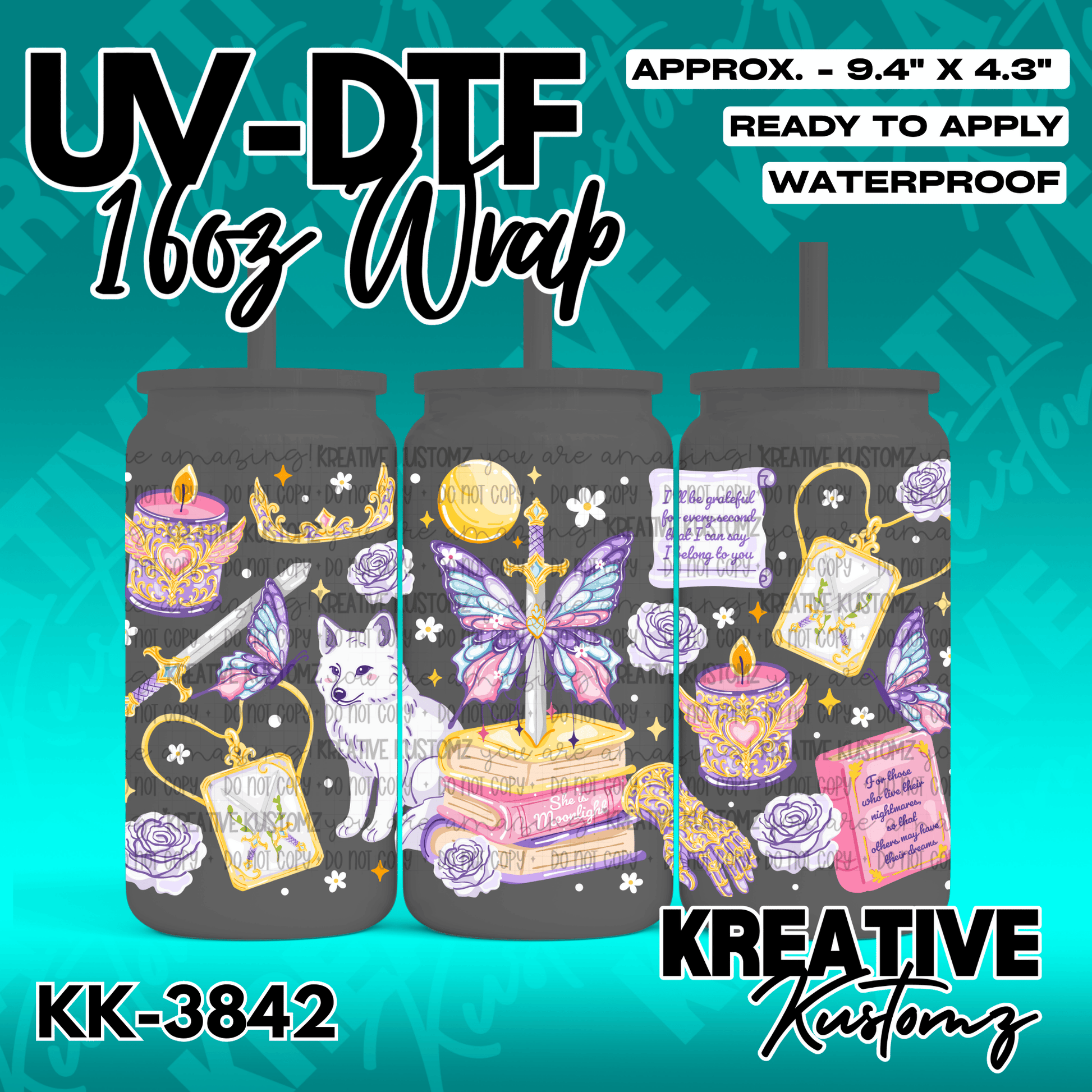 A fantasy-themed UV DTF cup wrap featuring a sword, butterfly, fox, and books on a dark background.