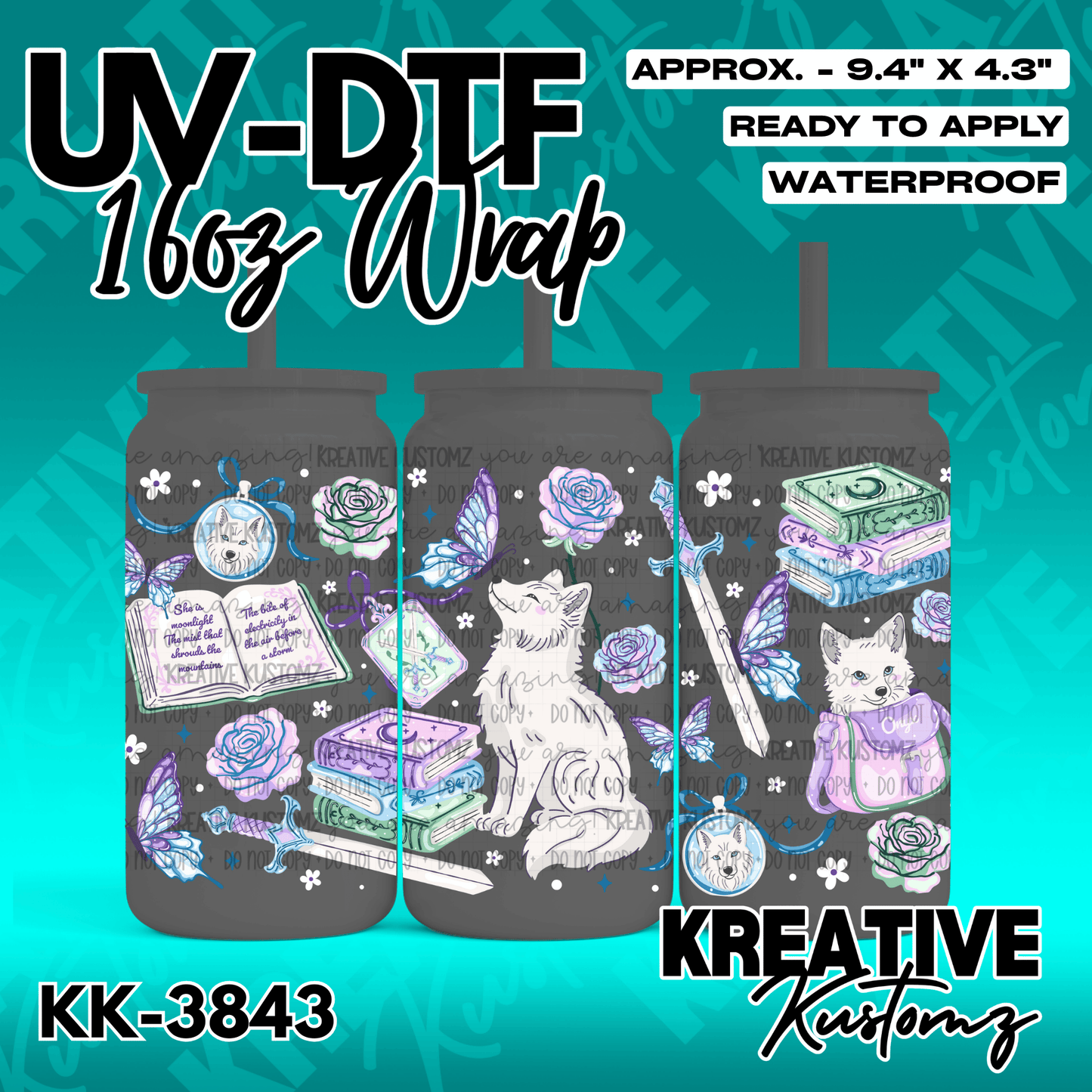 A 16oz glass can wrap featuring a fantasy theme with a white fox, books, flowers, and a sword.
