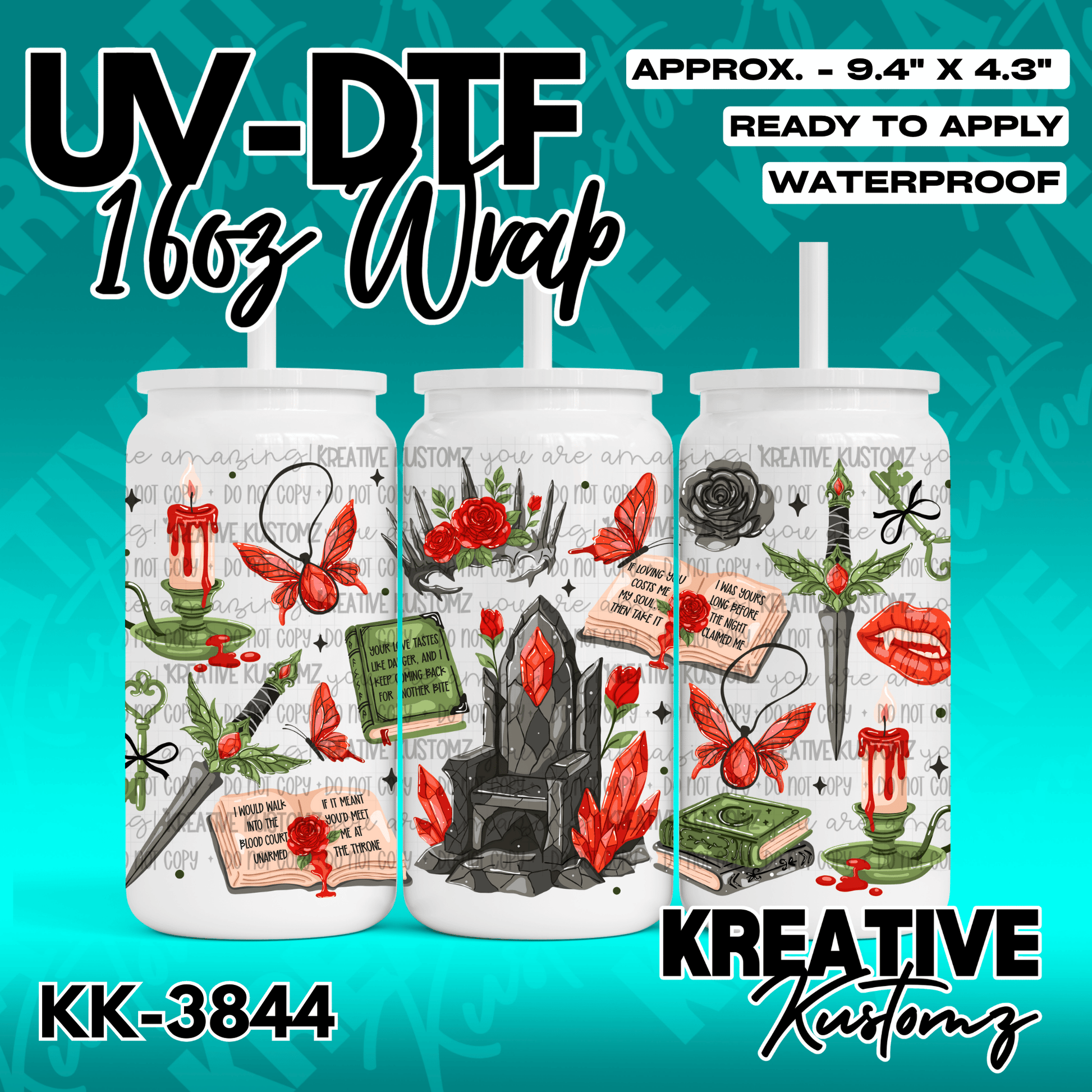 A gothic-themed UV DTF cup wrap featuring red roses, a throne, daggers, and books.