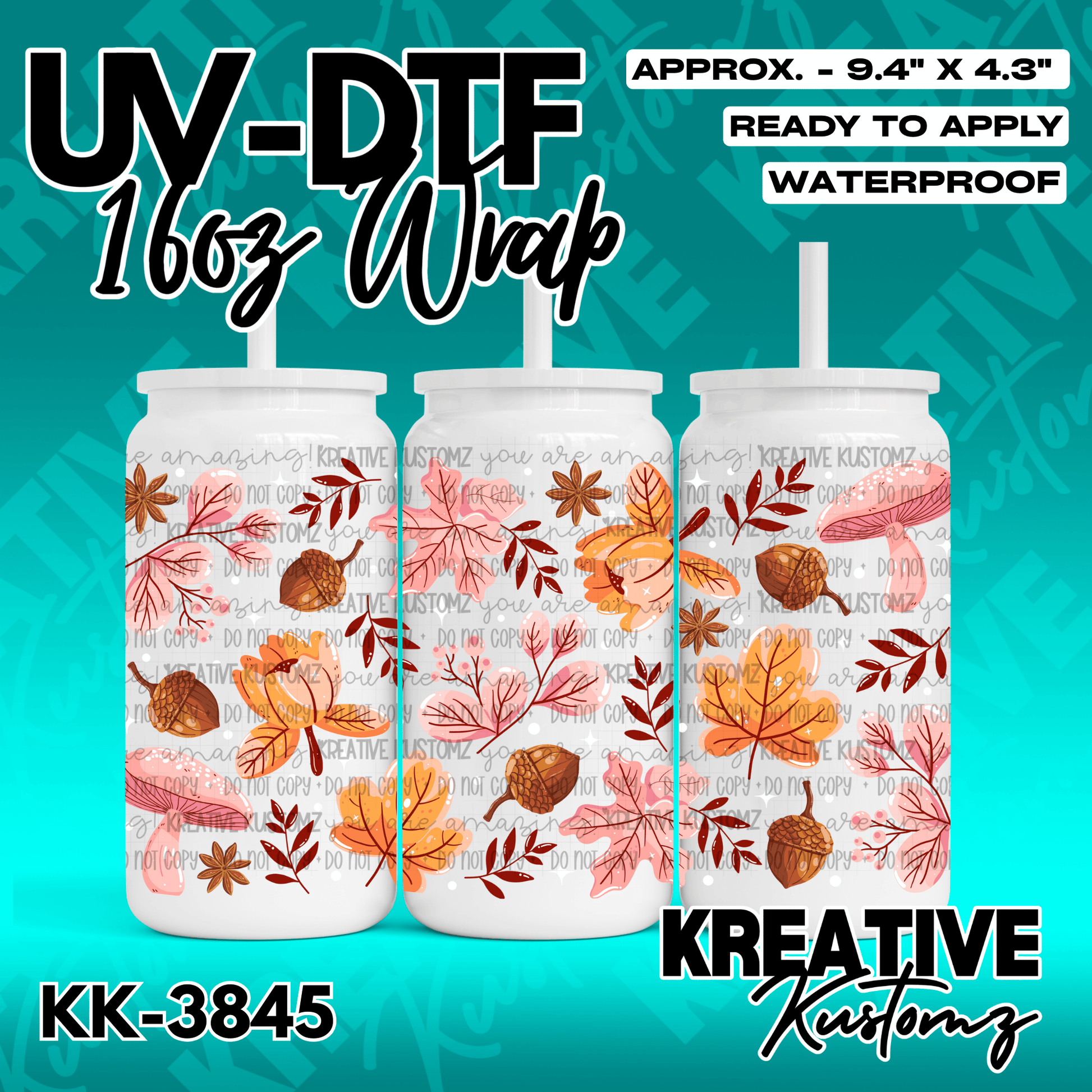 A floral UV DTF adhesive wrap for 16oz glass cans featuring an autumn leaf and mushroom pattern.
