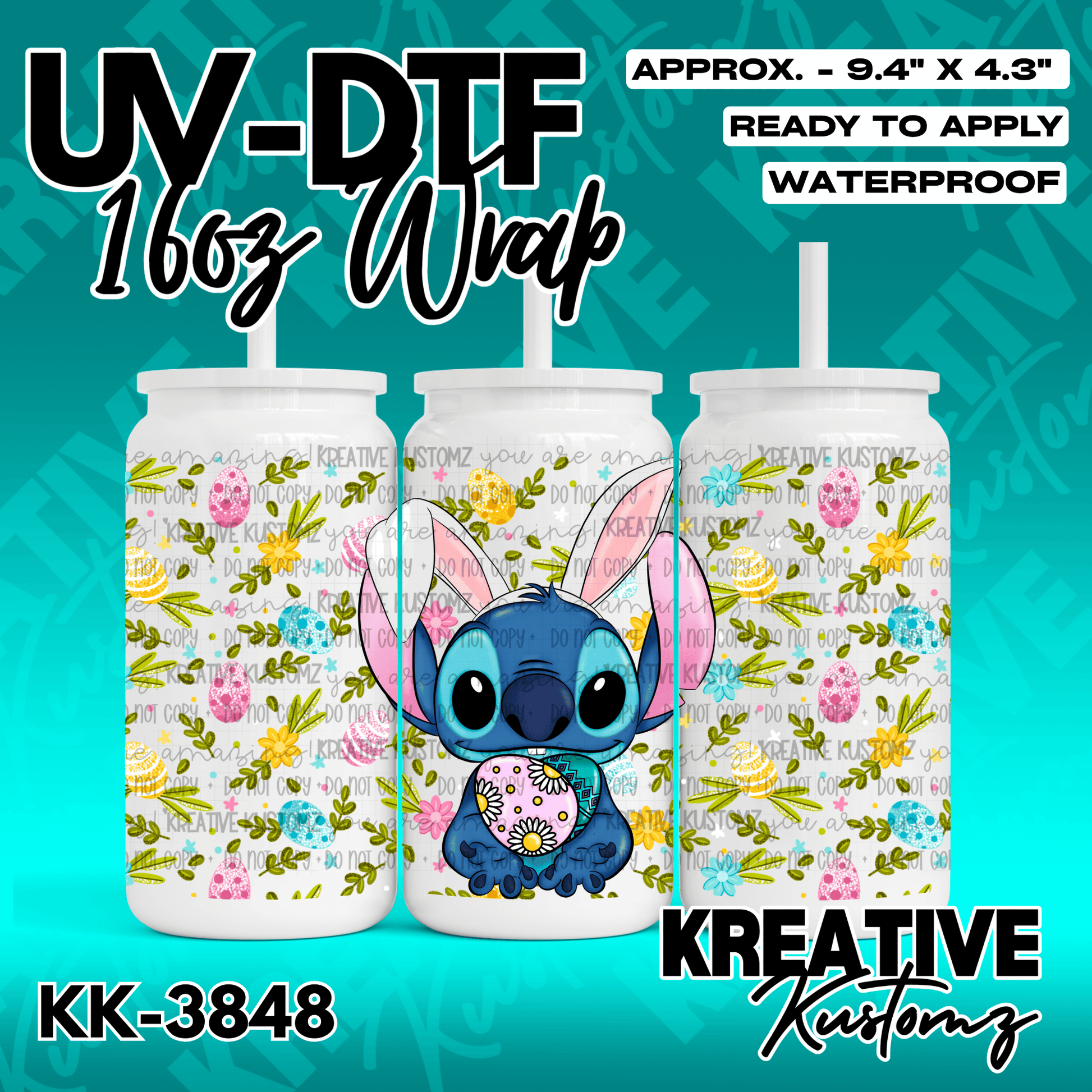A UV DTF adhesive wrap for a 16oz glass cup featuring Stitch wearing bunny ears and Easter eggs.