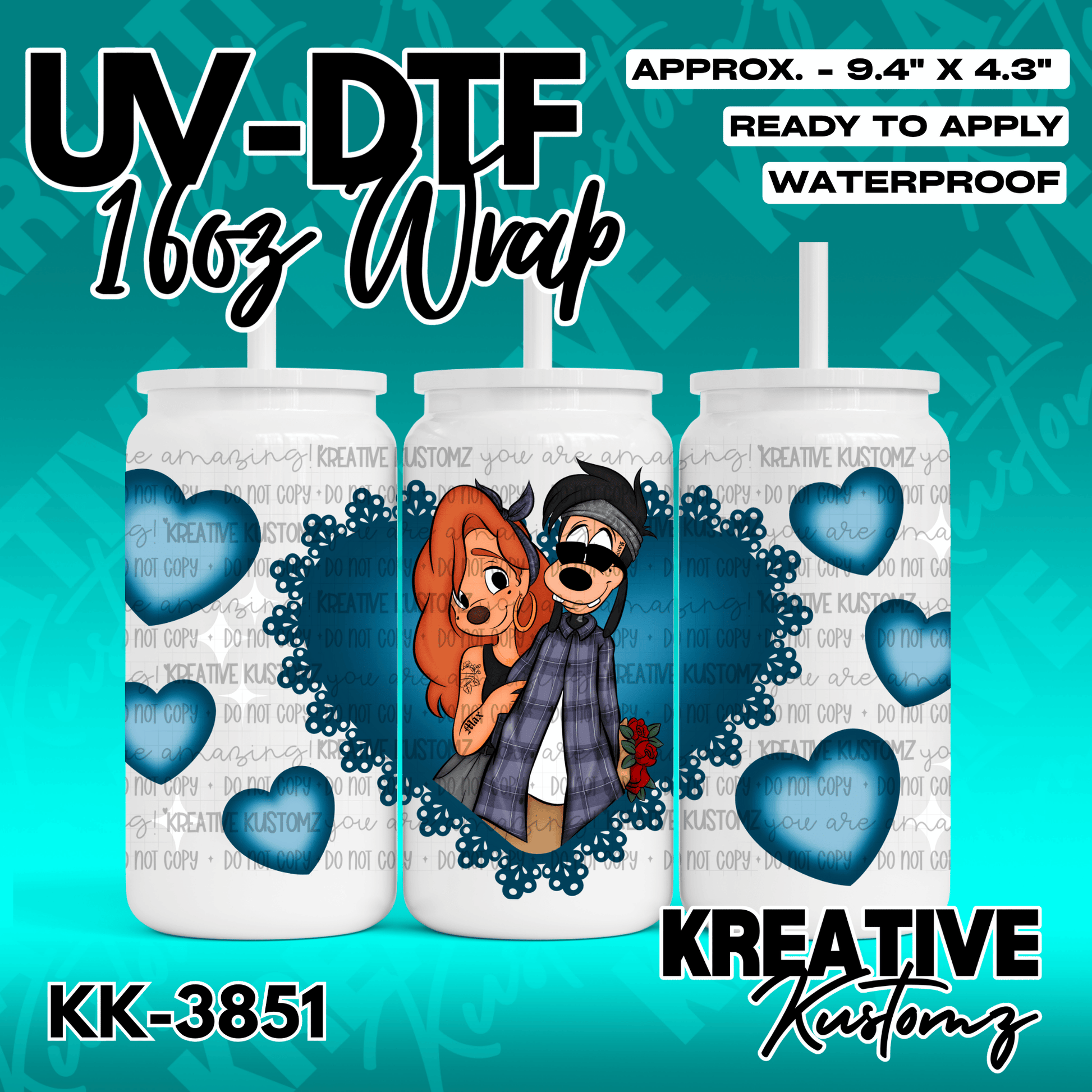 A UV DTF adhesive wrap for a 16oz glass can featuring Max and Roxanne inside a blue heart frame.