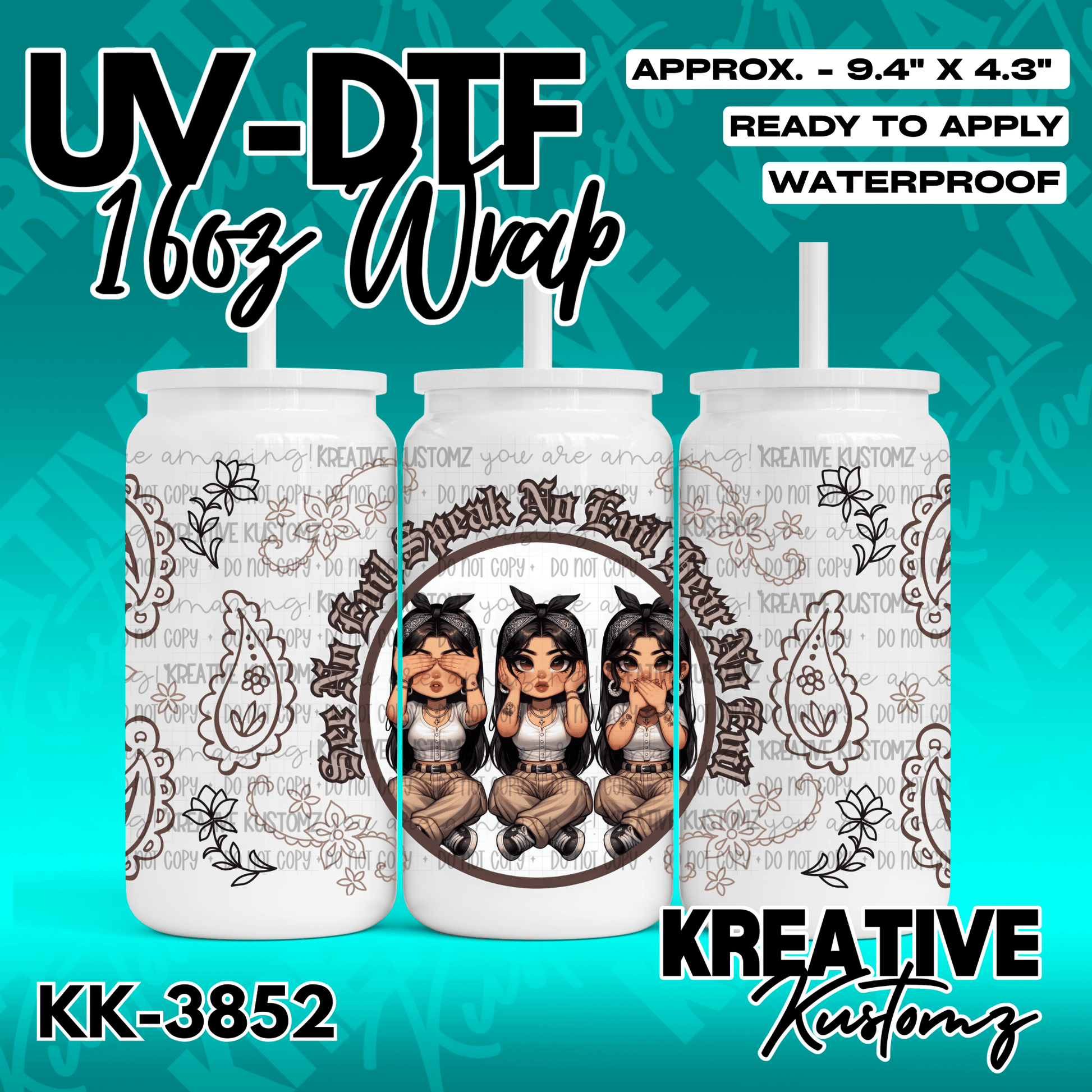 A UV DTF adhesive cup wrap featuring a three-figure See No Evil design with paisley accents.