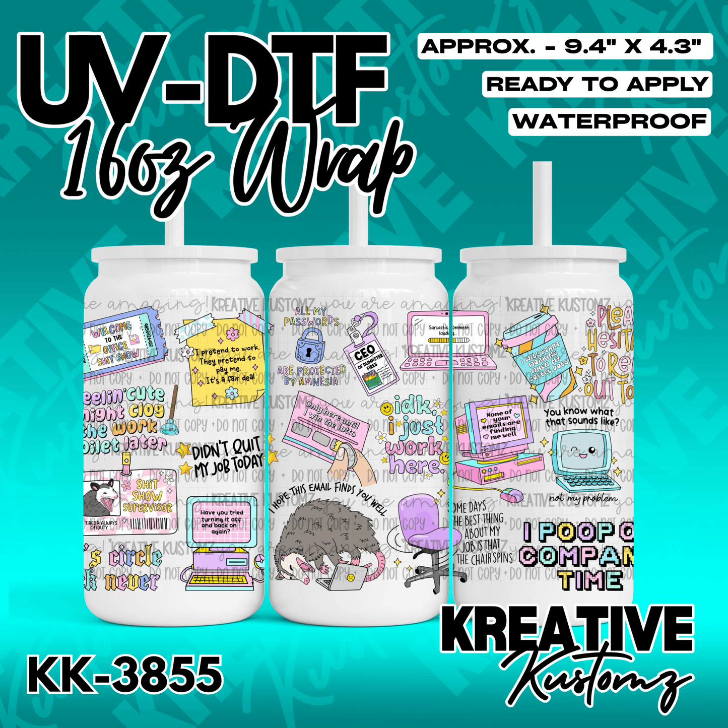 A vibrant adhesive wrap for 16oz glass cans featuring a collage of humorous office-themed graphics.