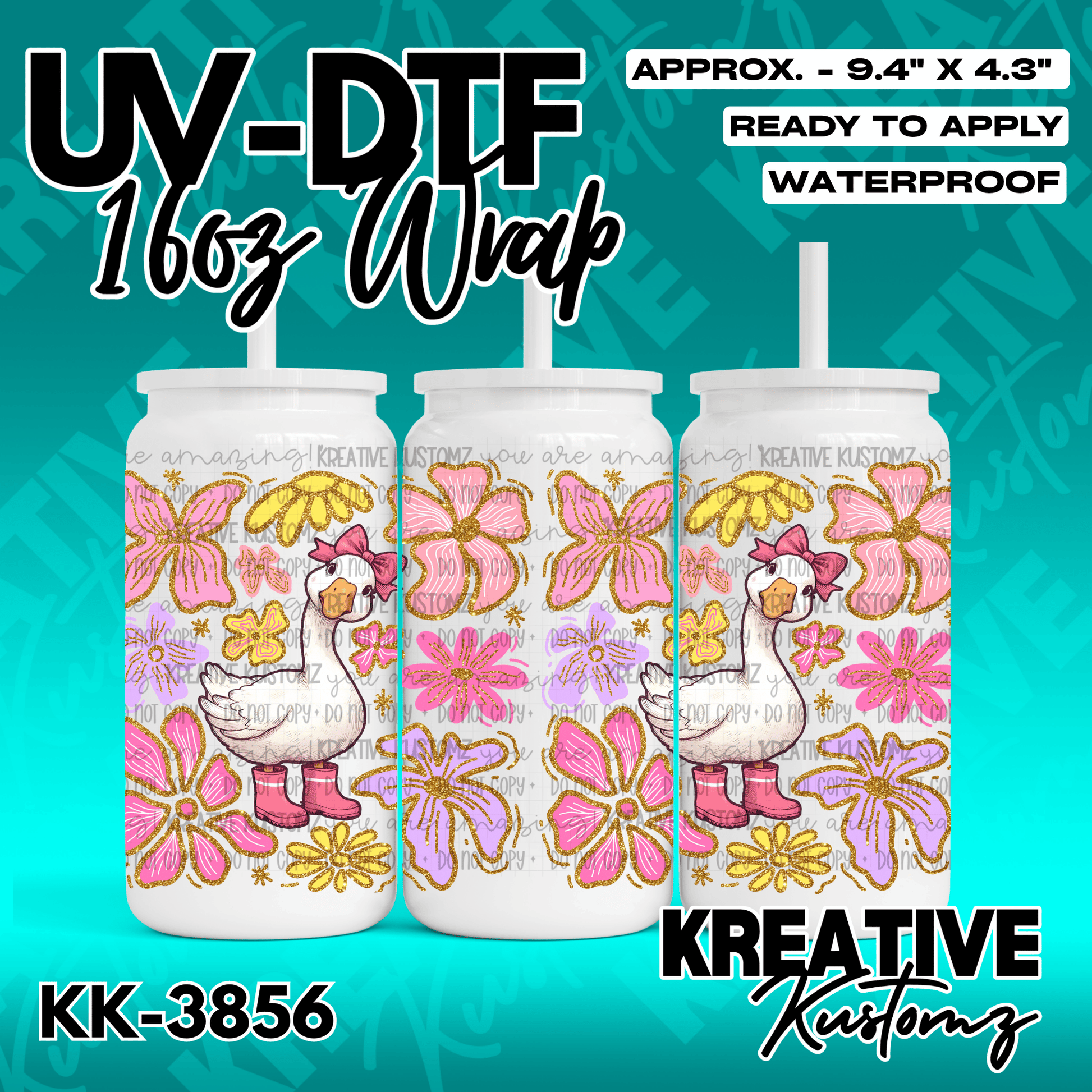 A UV DTF cup wrap featuring a cartoon goose in pink boots surrounded by colorful flowers.
